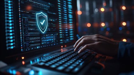 Hands typing on keyboard with cybersecurity shield on screen in data center