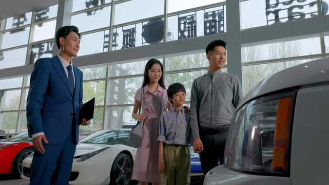 Couple with attractive auto dealer in a suit presenting new car model to his client. Buyer observing automobile thinking about purchasing. Concept of buying and selling car, car rental service.