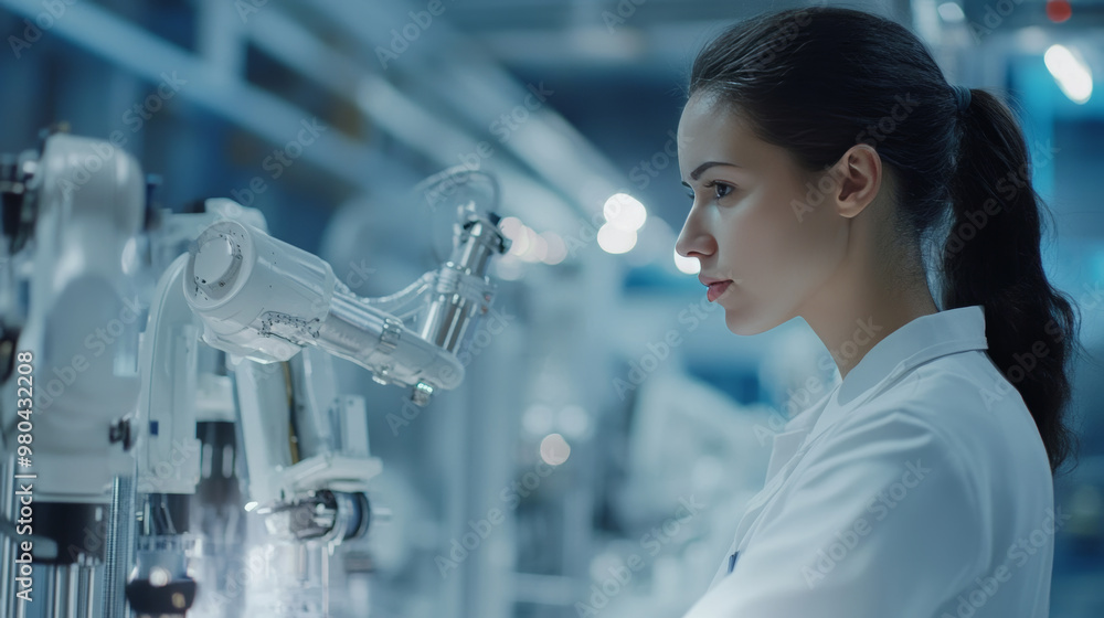 Poster female industrial engineer operating automation robot arms in a smart factory. utilizing real-time m