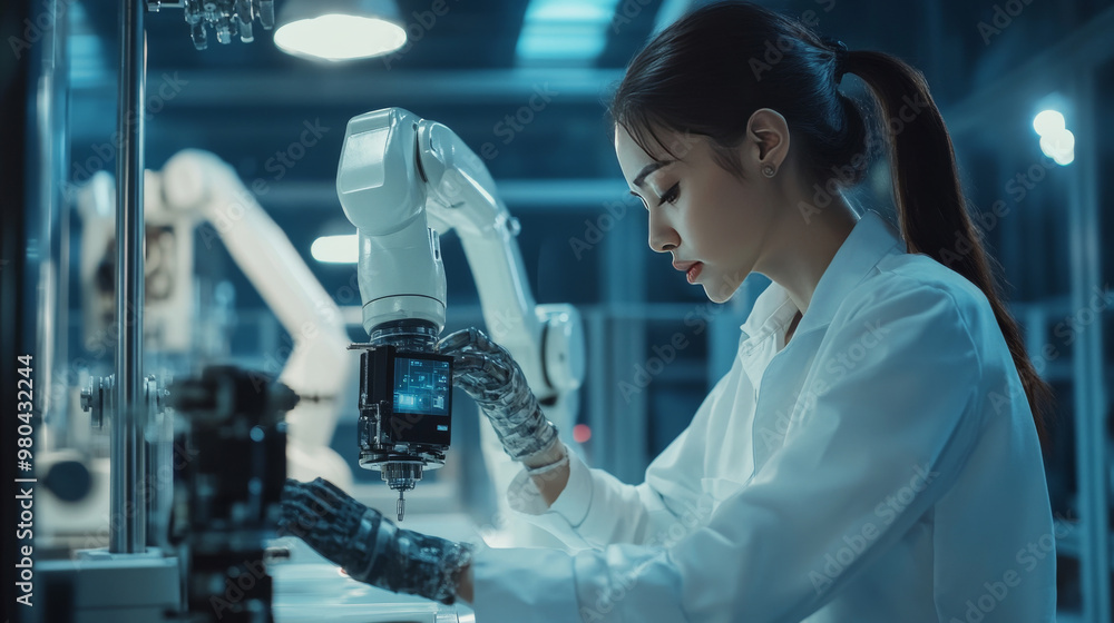 Poster female industrial engineer operating automation robot arms in a smart factory. utilizing real-time m