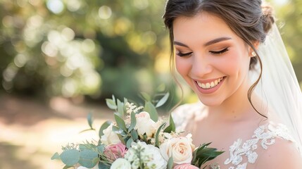 Naklejka premium Joyful close up of a radiant bride beaming with happiness in elegant wedding attire and bouquet