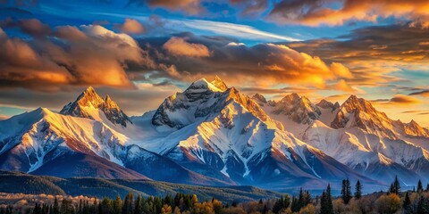 Obraz premium Spectacular snow-capped mountain peaks bask in soft golden light of dawn, set against a brilliant blue sky with gentle clouds, serene and majestic landscape.