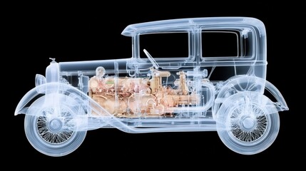 X-ray view of a vintage car showcasing intricate mechanical details and classic design elements, perfect for automotive enthusiasts.