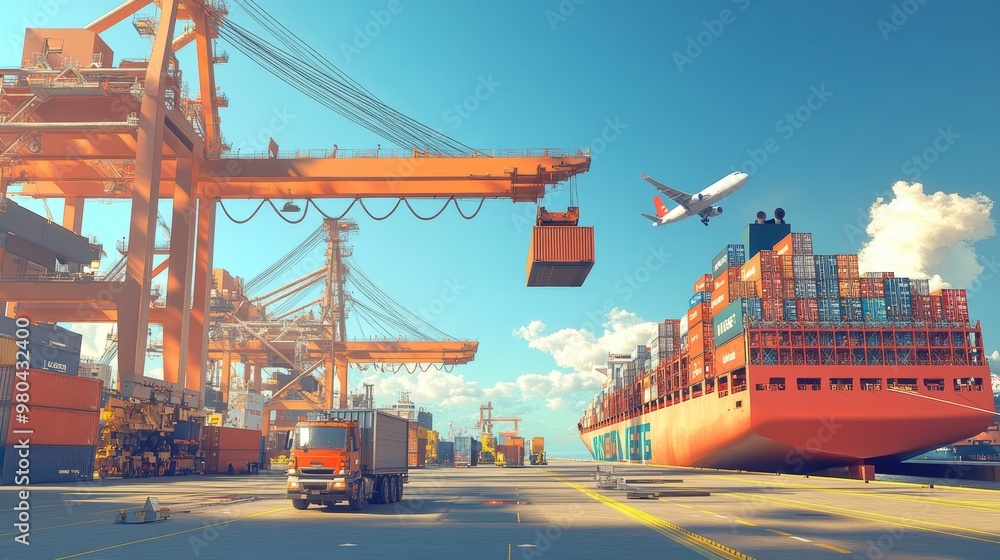 Wall mural a container ship docked at the port and a container is being loaded onto a truck right next to it. a