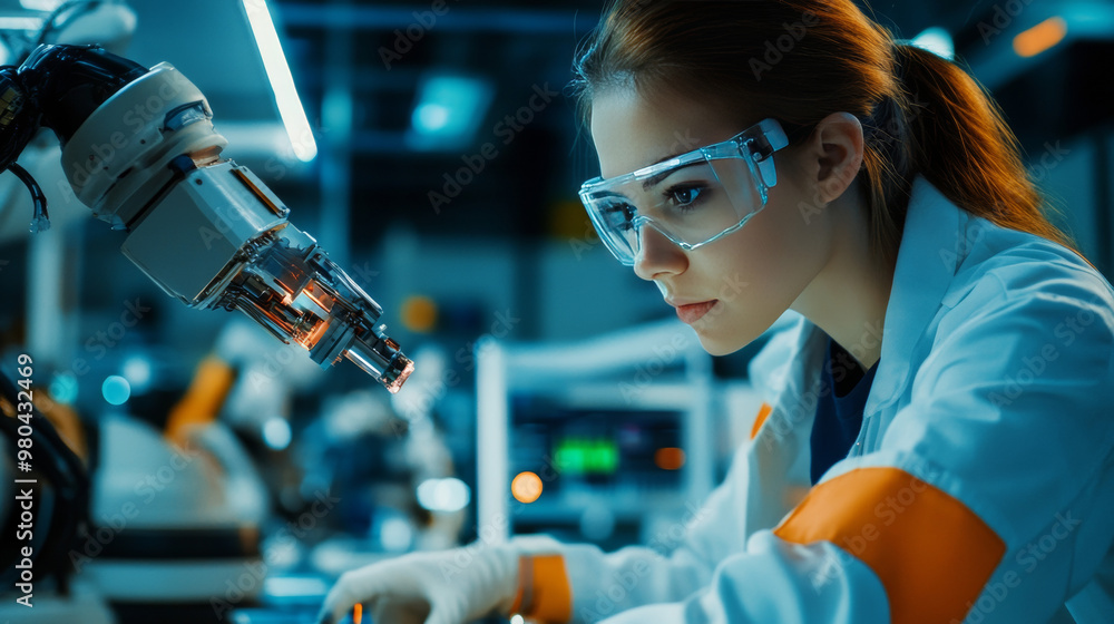 Poster female industrial engineer operating automation robot arms in a smart factory. utilizing real-time m