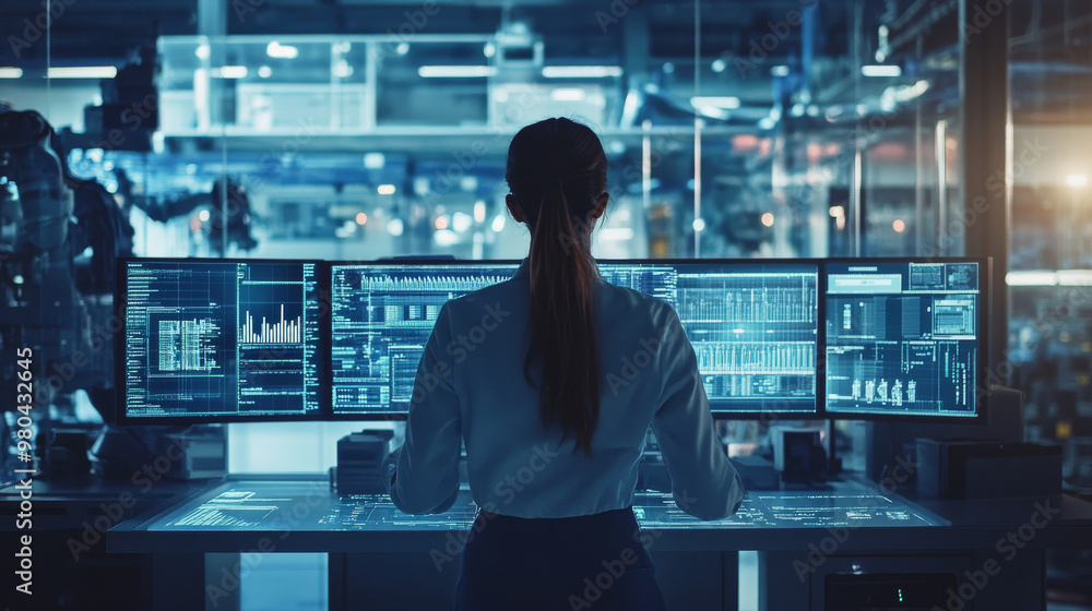 Poster female industrial engineer operating automation robot arms in a smart factory. utilizing real-time m