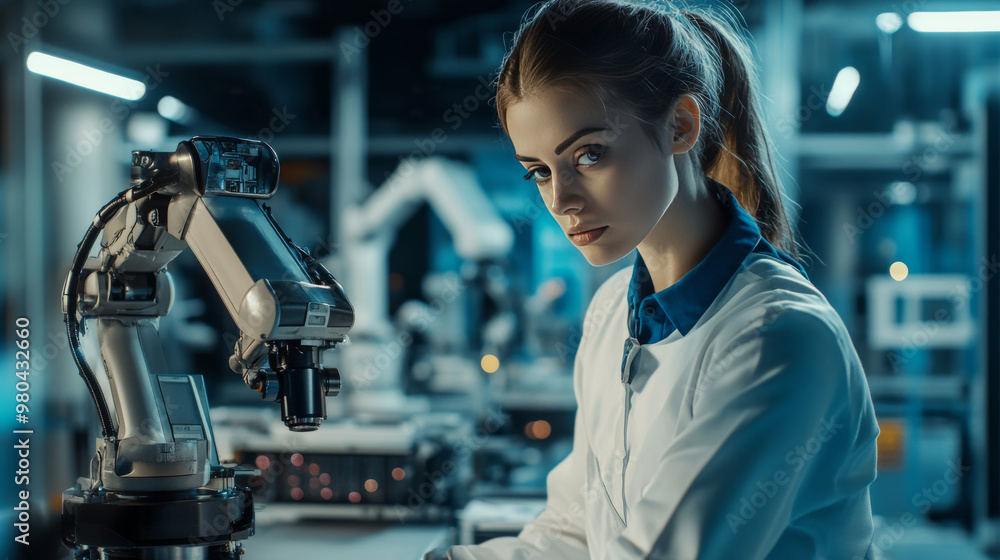 Poster female industrial engineer operating automation robot arms in a smart factory. utilizing real-time m