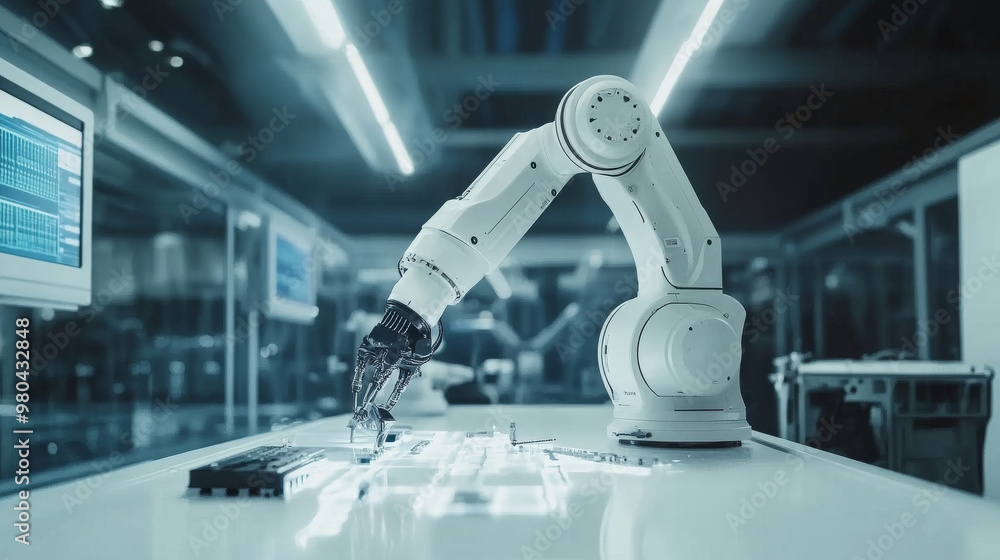 Poster factory industrial engineer collaborating with automation robot arms in a smart factory. real-time m