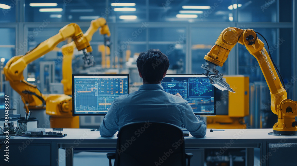 Poster factory industrial engineer collaborating with automation robot arms in a smart factory. real-time m