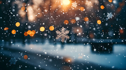 Obraz premium Color snowflakes on winter park background. Snowfall in park