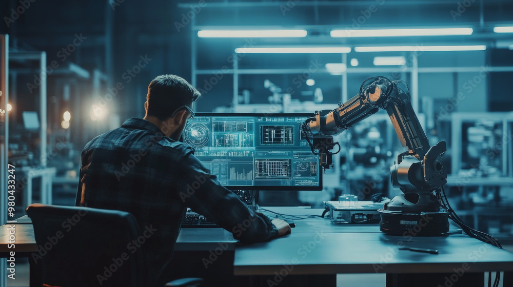 Poster factory industrial engineer collaborating with automation robot arms in a smart factory. real-time m