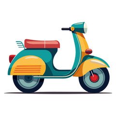 Hand-drawn illustration of a cute vintage scooter in a classic flat style, depicted from a side view. The scooter is a cool color and resembles a Vespa.