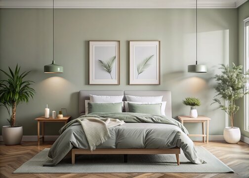 Soft sage green bedroom wall art mockup featuring two minimalist frames above bed in modern interior, exuding calmness and sophistication against crisp white bedding.