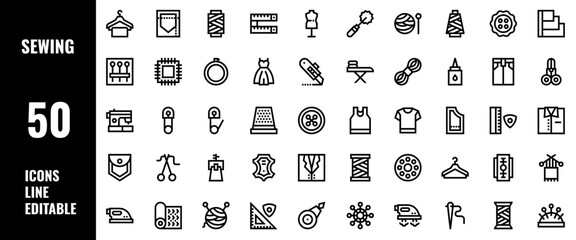 50 Sewing Icons Set Pack Line Editable Vector Illustration