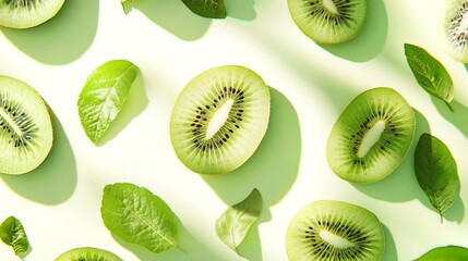 Fototapeta premium Fresh Kiwi Slices and Leaves on a Green Background