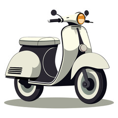 Hand-drawn illustration of a cute vintage scooter in a classic flat style, depicted from a side view. The scooter is a cool color and resembles a Vespa.