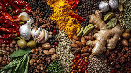 A colorful array of spices and herbs. Colorful spices, nuts, seeds, dried fruits, and herbal flowers. Seasoning spices background. Culinary traditions. Spices for cooking. Natural ingredients. Healthy