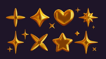 Set of 3D shapes in chrome, including a golden liquid star and a glossy heart sticker in a futuristic metal style. 3D chrome art at its finest.
