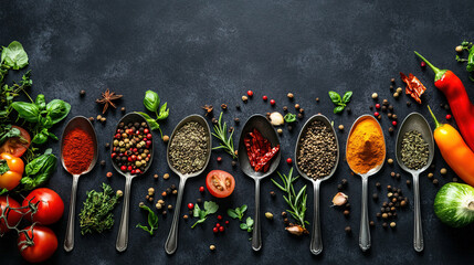 A colorful array of spices and herbs. Colorful spices, nuts, seeds, dried fruits, and herbal flowers. Seasoning spices background. Culinary traditions. Spices for cooking. Healthy food. Copy space 