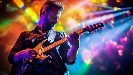Obraz premium Guitarist performing live on stage under colorful, vibrant lights during a music concert.
