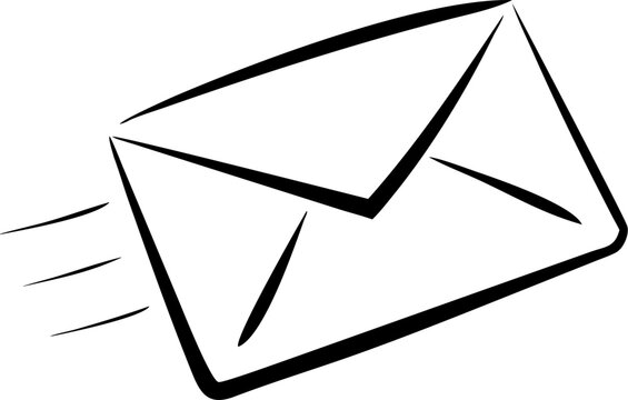 A black and white drawing of an envelope flying through the air