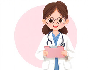 Fototapeta premium A woman in a white lab coat holding a clipboard. She is smiling and she is happy