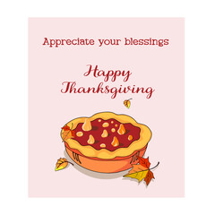 Happy Thanksgiving. October Halloween food. Pumpkin, pie, cupcake, chicken. Orange vector. Icon, print, blank for the designer