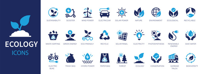 Ecology flat icons set. Recycle, eco, solar power, wind power, nature, electric car icons and more signs. Flat icon collection.