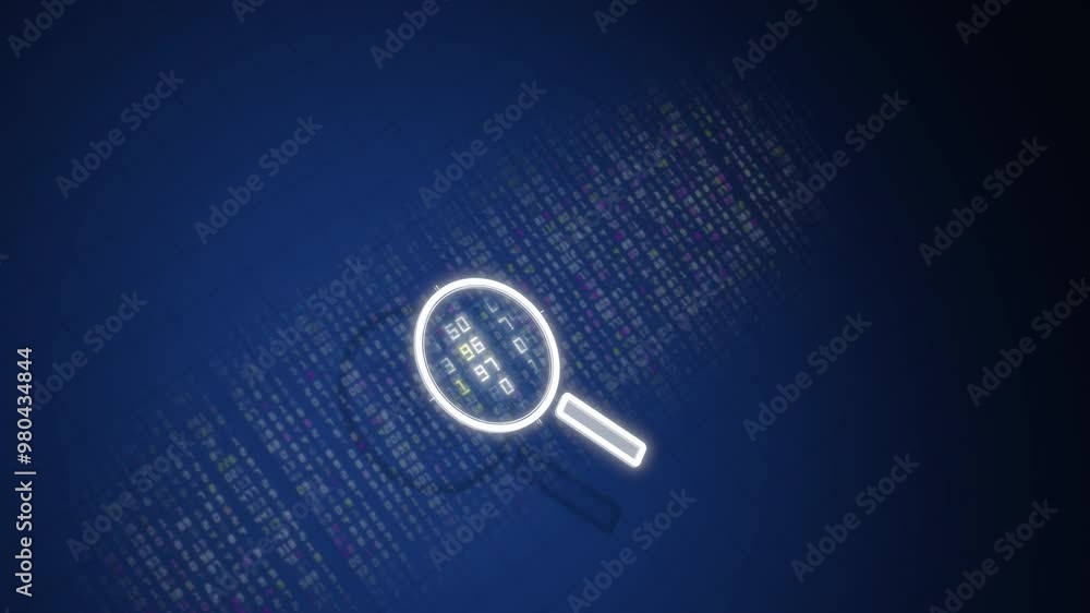 Poster high-tech digital security concept with magnifying glass scanning for viruses on glowing blue data s