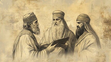 Fototapeta premium Uzziah Consults with Advisors in 2 Chronicles, Planning to Fortify Jerusalem and Expand Judah’s Territory, Biblical Illustration for Faith-Based Reflection, Beige Background