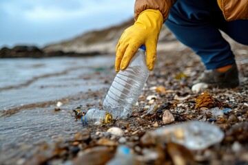 Obraz premium A person is picking up a plastic bottle on a beach
