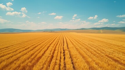 Golden wheat field stretches to the horizon under a blue sky with fluffy clouds. AI generative. .