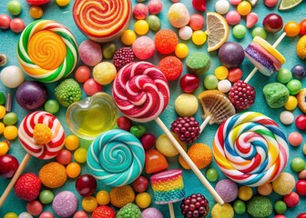 Vibrant colourful sweets and lollipops scattered across a pastel background, featuring gummy bears, jawbreakers, and sour candies in a playful and tempting arrangement.