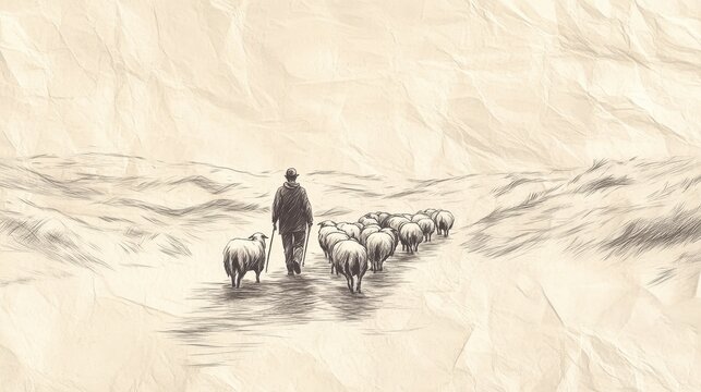 Psalm 23 Illustration: A Shepherd Leads His Flock by Still Waters and Green Pastures, A Picture of Divine Care and Provision, Biblical Illustration for Faith-Based Reflection, Beige Background