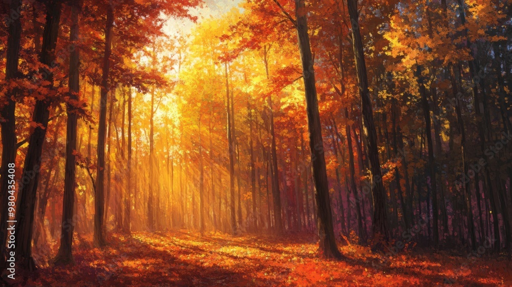 Poster sunlight filters through vibrant orange and yellow leaves, illuminating a tranquil forest path durin