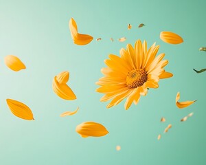 Bright yellow daisy petals gently floating away, creating a feeling of movement, isolated on a soft mint green background with ample space for custom text.