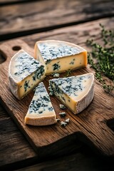 Fototapeta premium A round of blue cheese is sliced and arranged on a rustic wooden cutting board, with fresh herbs in the background.