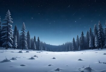 A snowy winter landscape with a forest of pine trees covered in snow under a starry night sky. The foreground is a vast expanse of snow-covered ground.