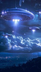 Obraz premium A majestic sky illuminated by mysterious flying objects against a deep blue backdrop