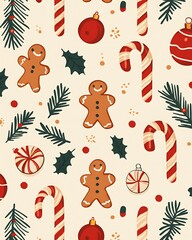 A festive pattern with candy canes, gingerbread men, and ornaments, arranged in a playful, repeating design for holiday fabrics or wallpaper. Isolated on a soft cream background.