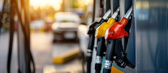 Gas station fuel nozzle on blurred background