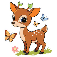 Obraz premium Cute baby deer and butterflies vector illustration