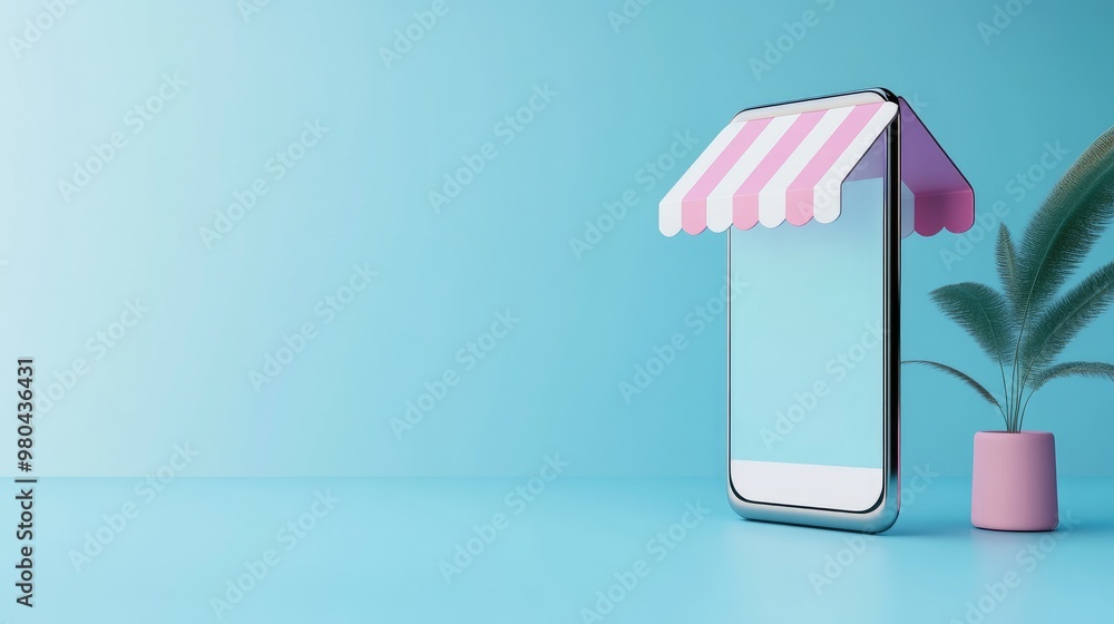 Poster 3d render of a smartphone displaying an online store app on a pastel blue background. simple design.