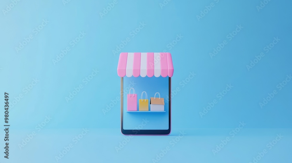 Poster 3d render of a smartphone displaying an online store app on a pastel blue background. simple design.