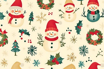 A joyful repeating pattern with elves, snowmen, and wreaths in a playful design, suitable for creating Christmas-themed fabrics or gift wrap backgrounds. Isolated on a pale yellow background.