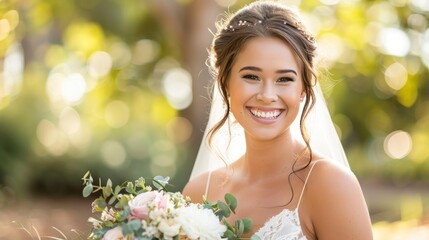 Radiant bride smiling joyfully, showcasing elegant wedding attire and bouquet in soft natural light