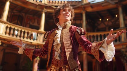 Man in a red and gold costume, standing with arms out in a theater setting. AI generative. .