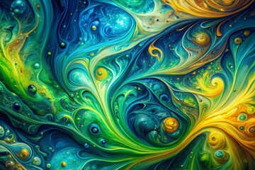 Vibrant swirls of electric blue, green, and yellow liquids mix and merge in a mesmerizing psychedelic background, featuring intricate shapes and patterns.