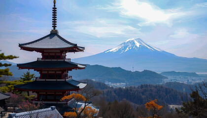 Fototapeta premium Japanese Pagoda with Mount Fuji in the Background.