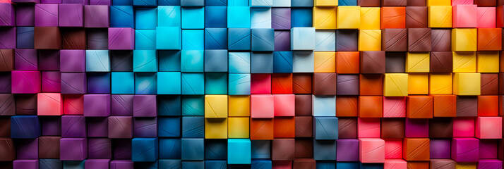 Vibrant Array of Multicolored Wooden Blocks in a Dynamic Gradient Pattern, Wide Format